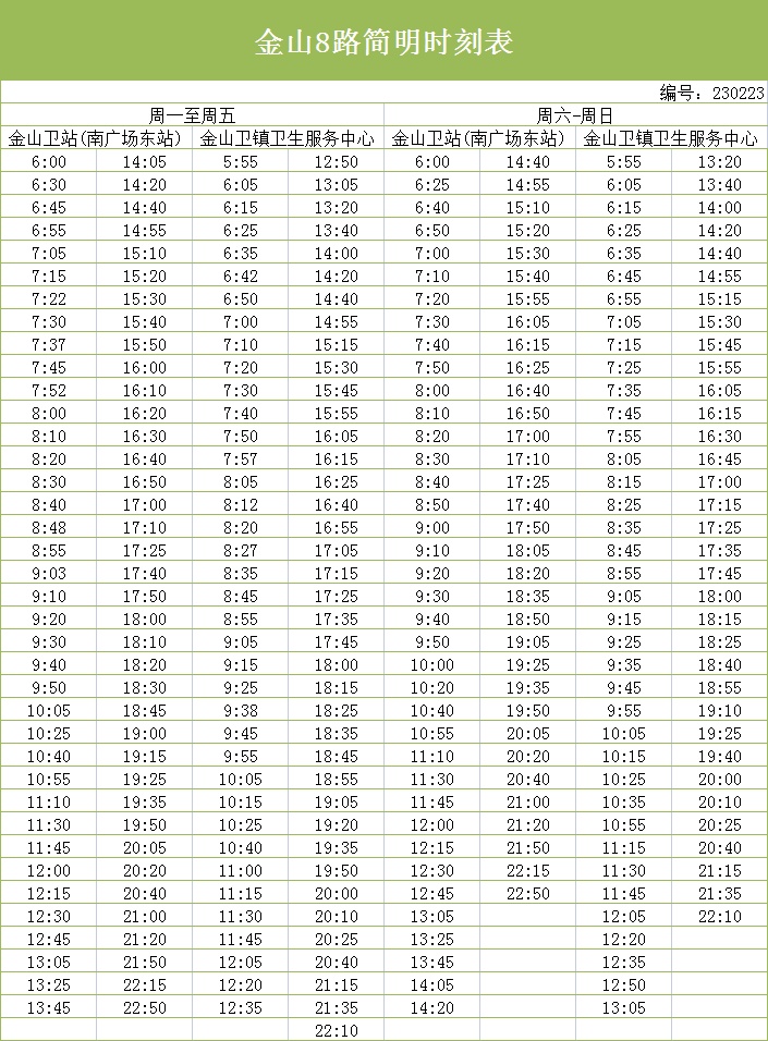 金山七路时刻表最新,金山七路最新时刻表